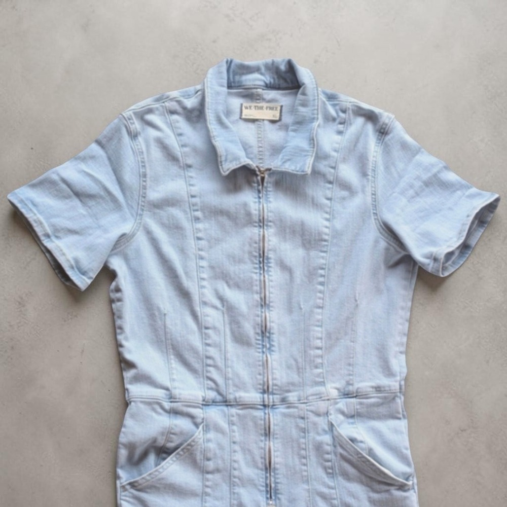 Free People Jayde Flare Stretch Denim Jumpsuit Light Wash Sz XL - Picture 9 of 14